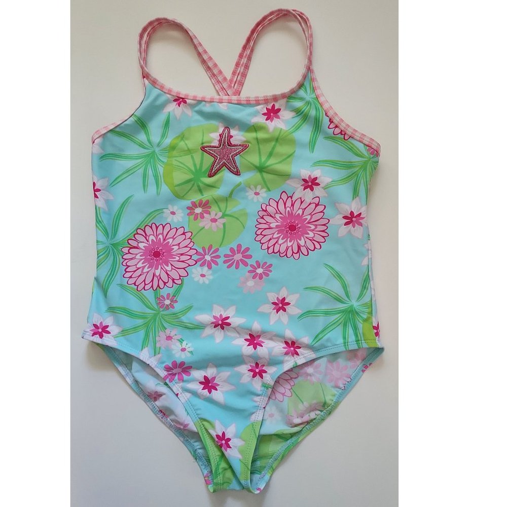 One piece bathing suit with pink flowers